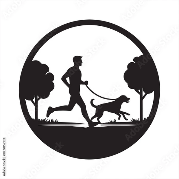 Fototapeta Runner with Dog in Park vector silhouette outline logo design concept illustration