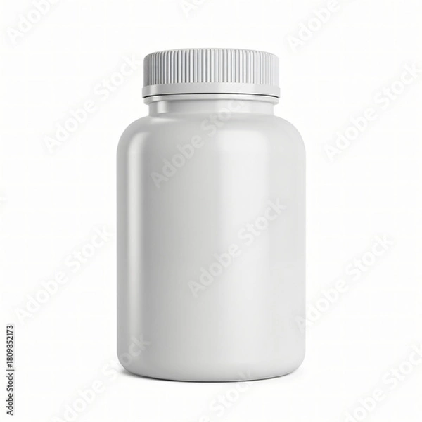 Fototapeta White plastic supplement container with ribbed screw lid isolated on clean studio background