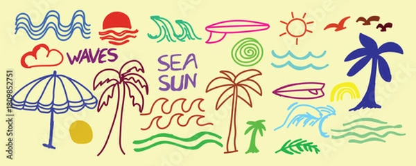 Fototapeta Colorful Summer Doodle, Vibrant Beach Sketch Art, Fun Holiday Theme Draw