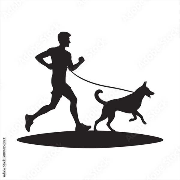 Fototapeta Runner with Dog in Park vector silhouette outline logo design concept illustration