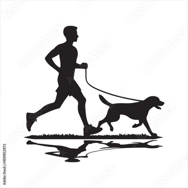 Fototapeta Runner with Dog in Park vector silhouette outline logo design concept illustration