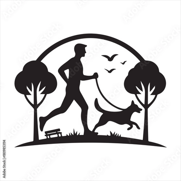 Fototapeta Runner with Dog in Park vector silhouette outline logo design concept illustration