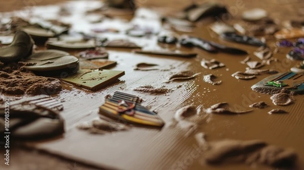 Obraz insignia. Crushed military insignia lies in mud amid scattered footprints, earthy tones. ESG reports, sustainability campaigns, designed for environmental awareness campaigns.