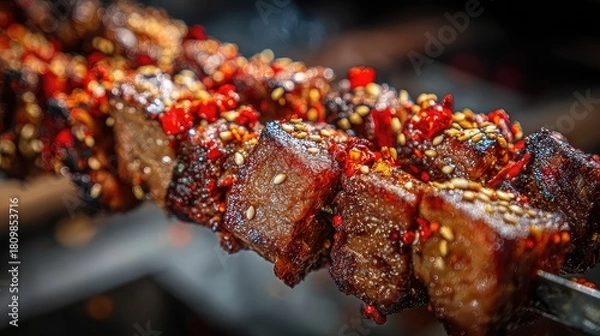 Fototapeta Shaokao lamb, Chinese lamb skewers, Xinjiang chuan’r
