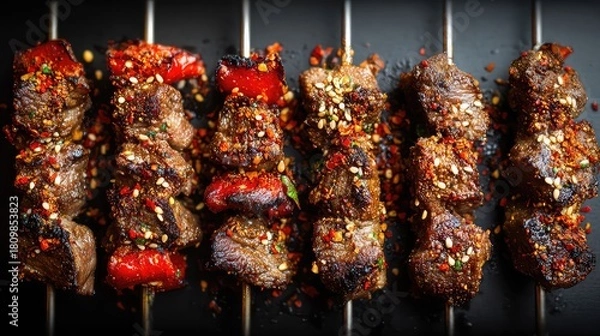 Fototapeta Top view of a shaokao lamb, Chinese lamb skewers, Xinjiang chuan'r, cumin lamb, spicy grilled lamb, sesame-coated lamb, charred lamb cubes, smoky lamb BBQ, Chinese street kebabs