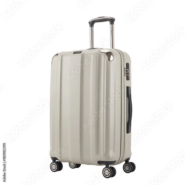 Obraz Red plastic suitcase with wheels and handle isolated on white background for travel and journey