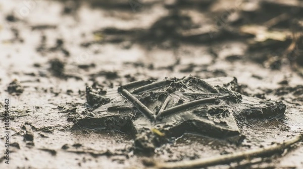 Obraz insignia. Crushed military insignia lies in mud amid scattered footprints, earthy tones. ESG reports, sustainability campaigns, designed for environmental awareness campaigns.