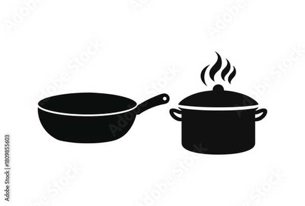 Fototapeta Isolated black silhouette of a frying pan and a steaming pot on a white background, representing cooking and kitchenware.
