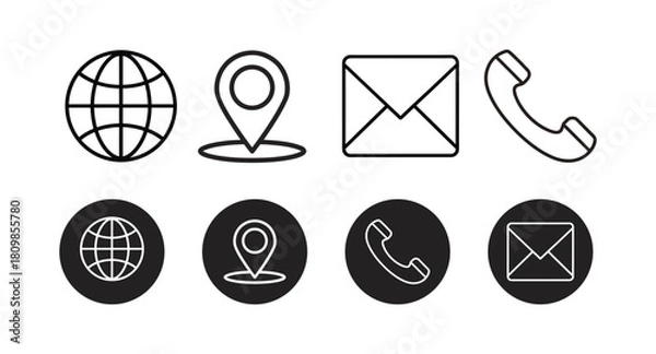 Fototapeta Set of communication icons: globe, location pin, envelope, and phone handset, line art and solid circle versions.