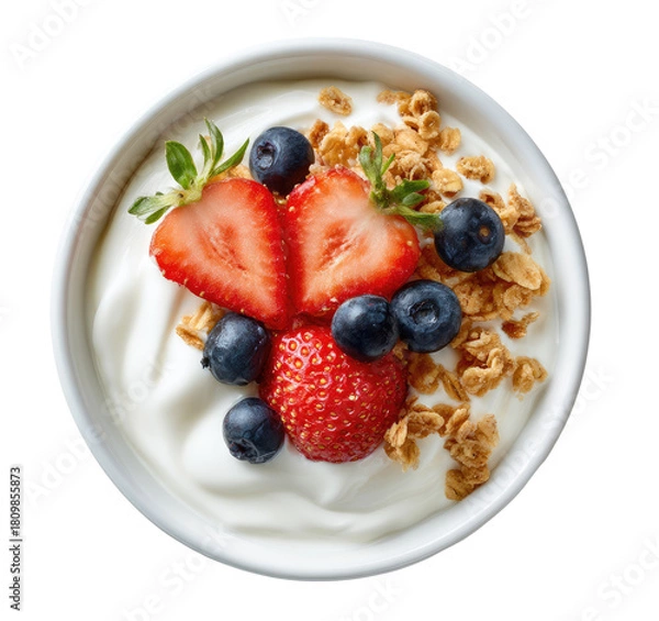 Fototapeta Top-down view of a bowl of yogurt with granola, berries, and fruit