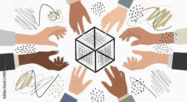 Fototapeta Hands reaching for a central cube representing collaboration and teamwork.