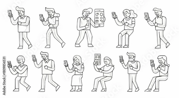 Fototapeta People using smartphones in various poses and activities, line art style.