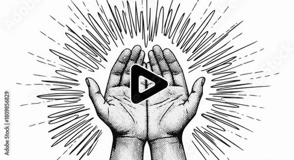 Fototapeta Hands holding a play button symbol with radiating lines representing energy.
