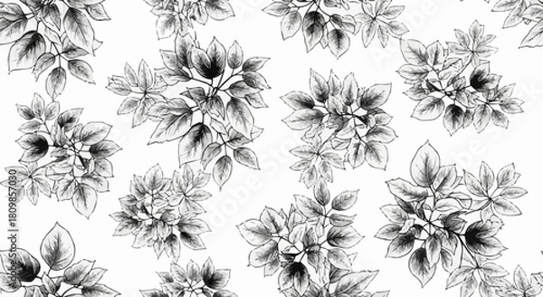 Fototapeta Seamless Pattern of Hand-Drawn Botanical Leaves and Branches in Monochrome Style.