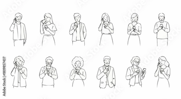 Fototapeta Collection of Diverse People Engaged with Smartphones in Sketch Style.