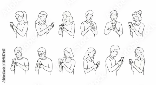 Fototapeta Diverse group of people engrossed in their smartphones in a sketch style.