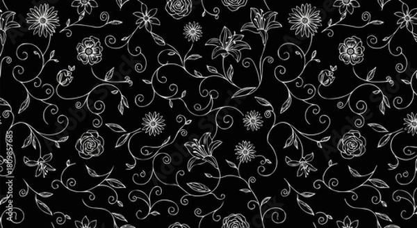 Fototapeta Elegant floral pattern with intricate details on a dark background.