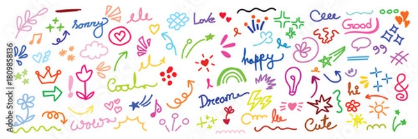 Fototapeta Colorful doodle collection with hand drawn elements on a white background art