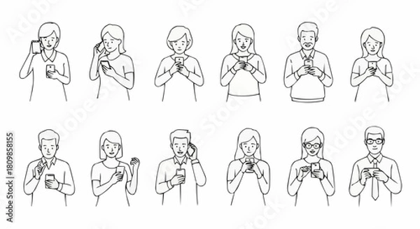 Fototapeta Diverse group of people using smartphones for communication and social interaction.