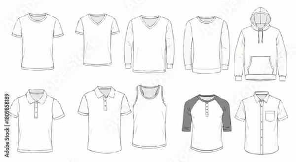 Fototapeta Collection of Mens Shirt and Top Apparel Templates.