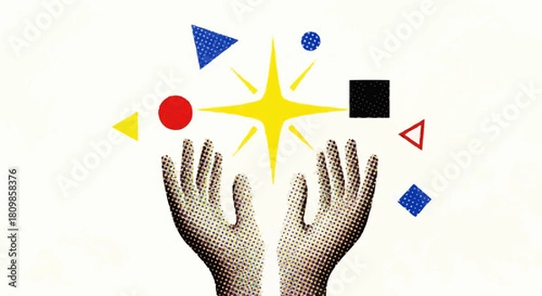 Fototapeta Hands Reaching Up Towards A Bright Star Surrounded By Geometric Shapes.