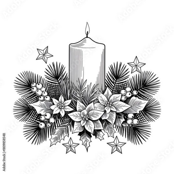 Obraz Candle surrounded by delicate flowers and leaves creates a tranquil atmosphere for relaxation and reflection in a serene.
