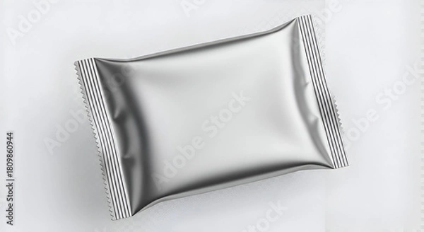 Fototapeta "Angled Silver Foil Pillow Pack Mockup on White Background with Shadow — Flexible Single‑Serve Packaging for Snacks, Nuts or Confectionery Branding"

