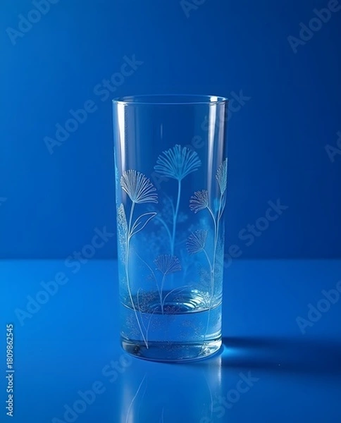 Fototapeta Engraved botanical glass reflecting soft blue light creating elegant transparent form with delicate etched flowers
