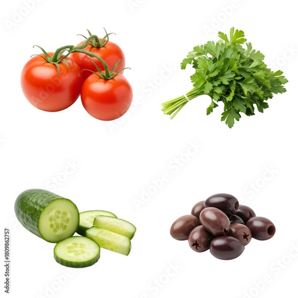 Fototapeta Fresh tomatoes, cucumber, parsley, and olives isolated on transparent background