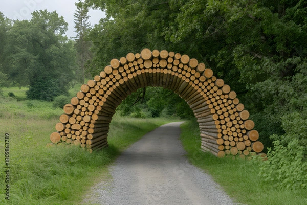 Fototapeta Log archway over pathway in forest park nature trail scenic landscape view
