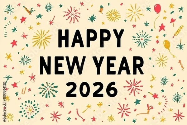 Fototapeta Happy New Year 2026 greeting text with colorful firework elements, confetti, stars, and balloons on beige background. Flat style holiday illustration. New Year celebration and winter holiday concept. 