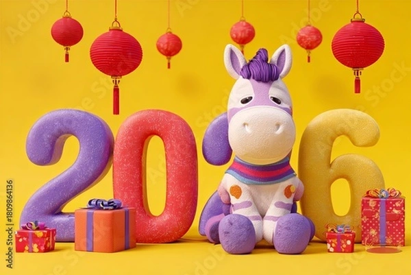 Fototapeta Knitted toy horse in scarf with number 2026 balloons, Chinese lanterns, and gift boxes on yellow background. Studio holiday composition. Chinese New Year and Lunar celebration concept. 