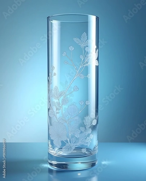Fototapeta Tall cylindrical glass container featuring delicate white botanical etching glowing softly in cool blue
