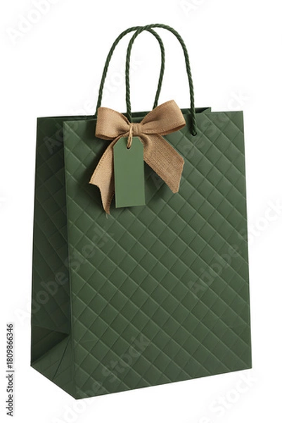 Fototapeta Elegant green gift bag with ribbon and tag for special occasion present