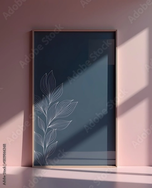 Fototapeta Modern pastel framed leaf artwork softly lit with gentle morning shadows across elegant clean wall
