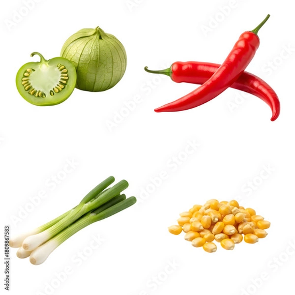 Obraz Four ingredients for mexican cuisine tomatillos, chili peppers, green onions, and corn kernels, isolated on transparent background
