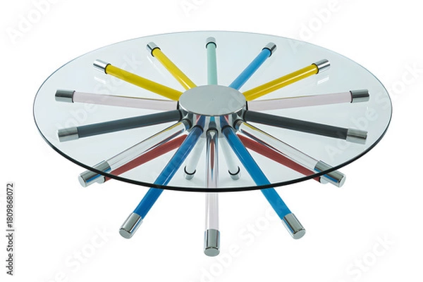 Fototapeta Modern round glass coffee table with colorful legs for living room decor use