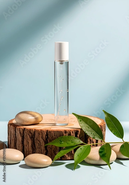 Fototapeta  Cylindrical perfume bottle standing on a tree stump with small round stones and a green branch. Minimalist design for product presentation 