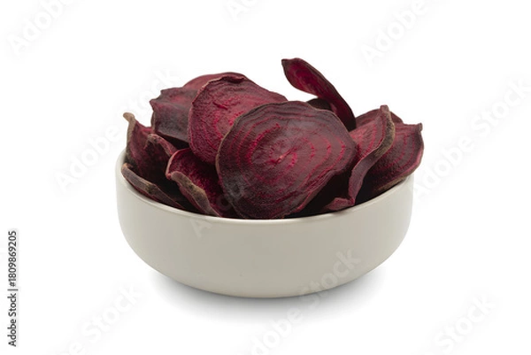 Fototapeta Beet chips healthy snack vegetable chips in bowl isolated on white background