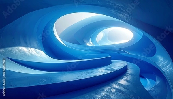 Fototapeta Swirling blue forms creating a futuristic, abstract, cavernous space, with soft lighting highlighting smooth surfaces