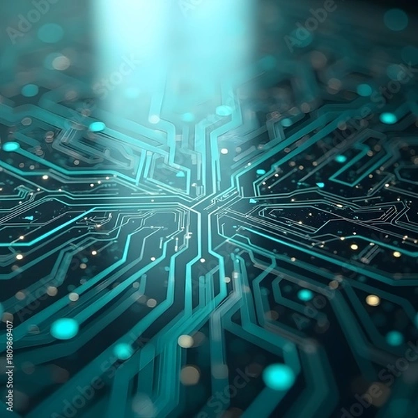 Fototapeta Teal illuminated circuit board glowing with futuristic technology details and digital luminous pathways
