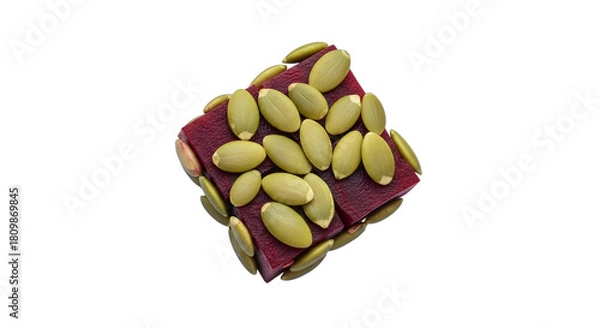 Fototapeta Closeup of a square piece of fruit leather topped with pumpkin seeds, isolated on transparent background