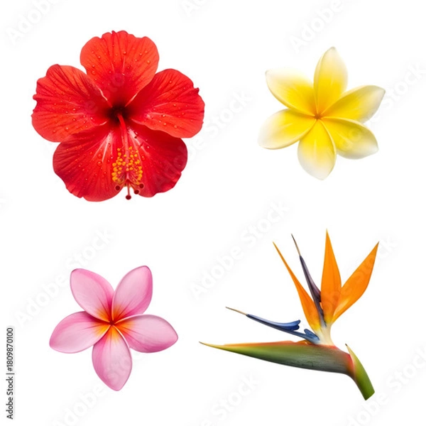 Fototapeta Collection of tropical flowers hibiscus, plumeria, and bird of paradise isolated on transparent background