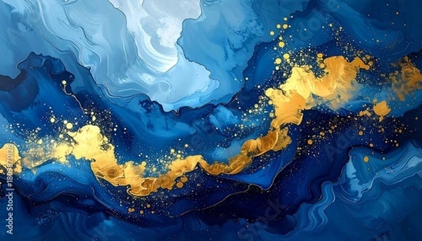 Fototapeta Swirling blues blend with gold, creating a dynamic, abstract flow, resembling water and precious elements