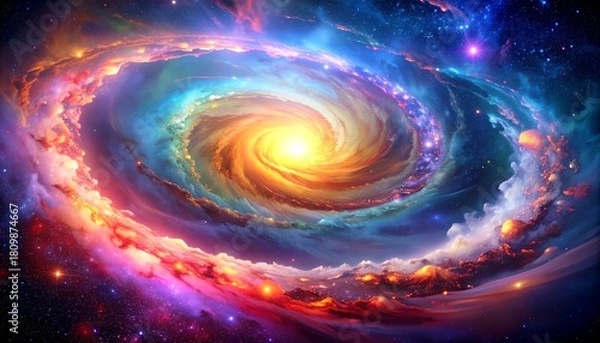 Fototapeta Swirling cosmos Vibrant nebula with a bright, radiant center, surrounded by cosmic dust and colorful gases