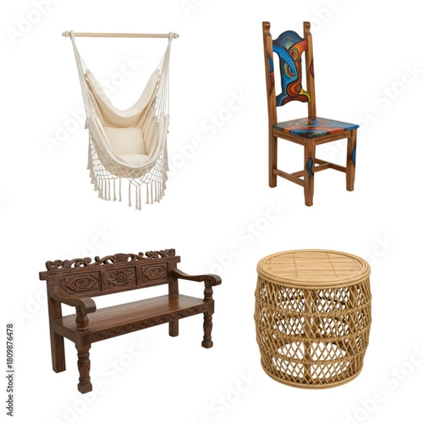 Obraz Collection of rustic and bohemian furniture and decor items including a hammock chair isolated on transparent background