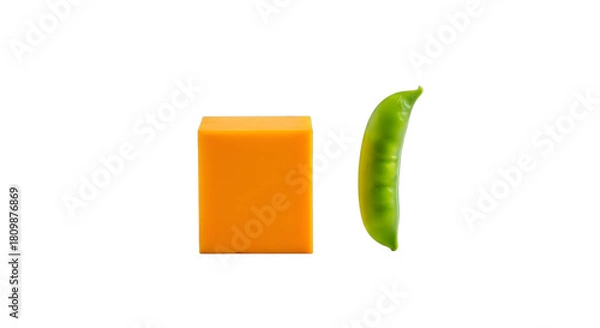 Obraz A block of cheddar cheese and a single snow pea pod, isolated on transparent background