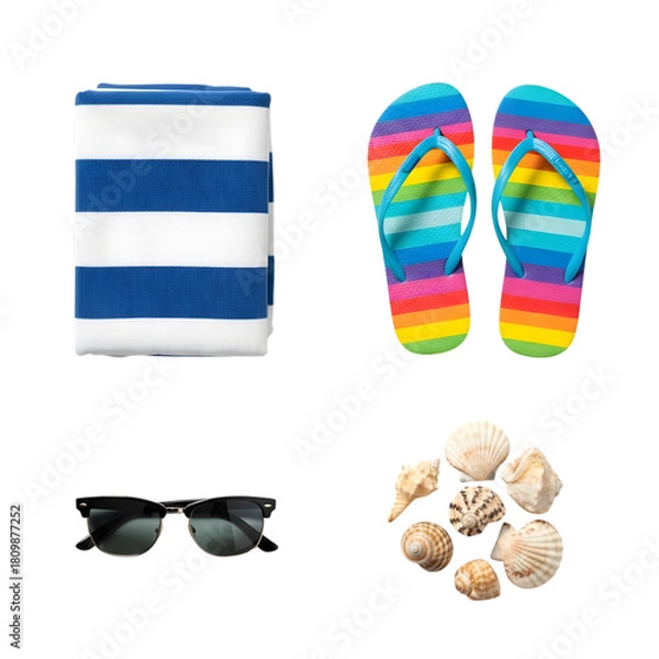Obraz Beach vacation essentials including a striped towel, rainbow flipflops, sunglasses, and seashells, isolated on transparent background