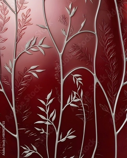 Fototapeta Stylized botanical branches arranged artistically across deep red surface forming decorative elegant embossed artwork
