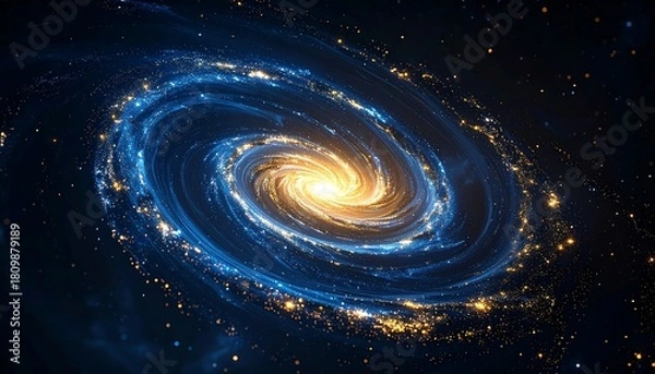 Fototapeta Swirling galaxy with bright yellow core radiates out with blue and gold cosmic stardust in deep space